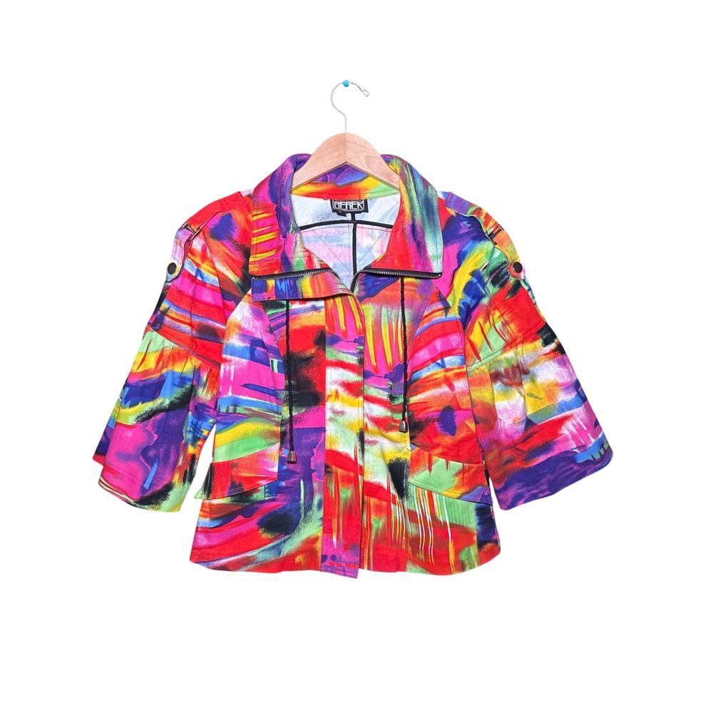 Berek Vintage Art to Wear Abstract Multicolor Zip Up Jacket Small Puff Sleeve